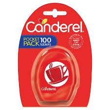 Canderel Sweetener Tablets (100 Tablets) by Canderel come in a red pocket pack with a white coffee cup icon and bold “Pocket Pack 100 tablets” text—a zero-calorie sugar alternative.