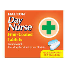 The Haleon Day Nurse Film-Coated Tablets Non-Drowsy pack includes 18 tablets with a distinct orange box featuring a green cross and two pills. It offers effective cold and flu symptom relief, containing paracetamol and pseudoephedrine hydrochloride.