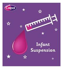 On a purple background, a white syringe icon sits above a pink drop with stars. The Calpol logo is at the top left, and Calpol Infant Suspension Original (100ml) along with pain and fever relief with strawberry flavour are elegantly on the right.