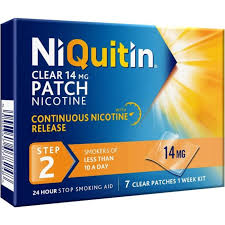 NiQuitin 24 Hour Clear Patches 14mg (Step 2) provide continuous nicotine release with SmartControl Technology. Ideal for those smoking fewer than 10 cigarettes daily, each box includes a one-week kit with 7 clear patches for effective nicotine replacement therapy.