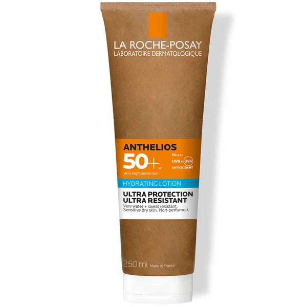 The La Roche-Posay Anthelios SPF50+ (250ml) provides broad-spectrum UVA/UVB protection. Ideal for sensitive skin, its ultra-resistant, very water and sweat-resistant, non-perfumed, and comes in a tan tube.