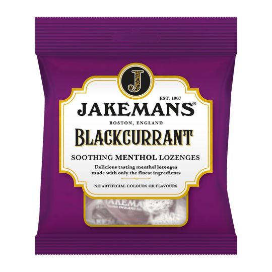 A 73g purple package of Jakemans Blackcurrant Menthol Soothing Menthol Lozenges, made in Boston, England since 1907, offers throat relief using the finest vegetarian-friendly ingredients without artificial colors or flavors.