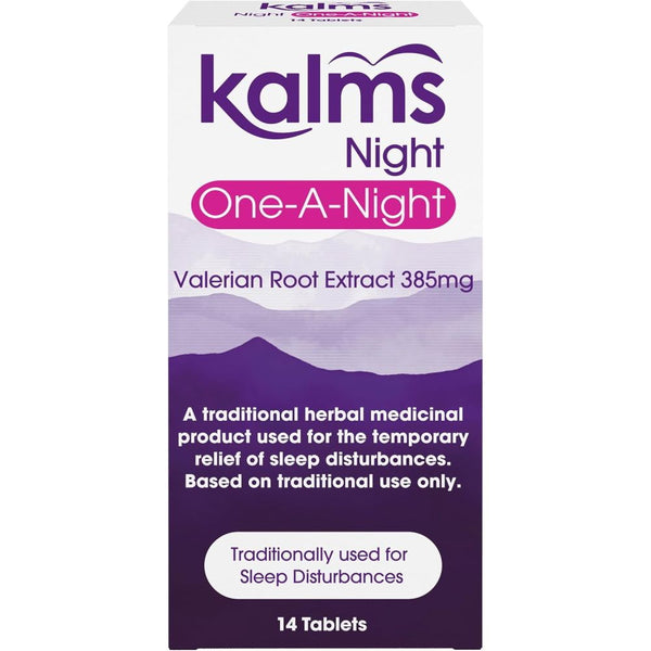 Kalms One-A-Night Valerian Root Extract 385mg (14 Tablets) by Kalms offers effective temporary relief for sleep disturbances, featuring a 14-tablet supply with each tablet containing 385mg of valerian root extract.