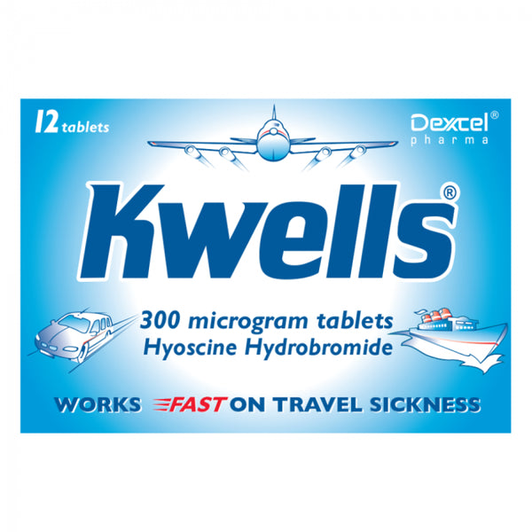 Kwells Hyoscine Hydrobromide (12 Tablets) by Kwells for quick relief from travel sickness. Features a blue background with images of a plane, car, and boat. Text: Works fast on travel sickness.
