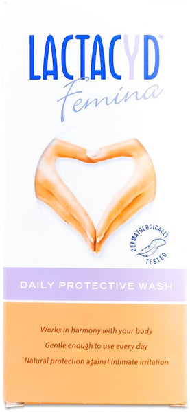 The image features Lactacyds Daily Intimate Care with Feminine Wash (200 ml), highlighting its dermatological testing and everyday use. This wash offers natural protection against irritation with its lactic acid formula, and the design showcases hands forming a heart shape.