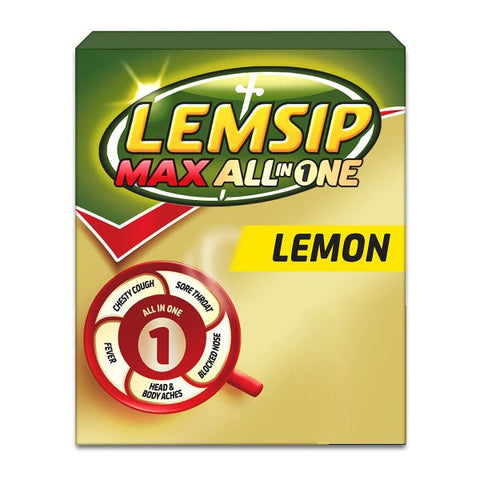 The Lemsip Max All-in-One Lemon Sachets (4 Sachets) offer paracetamol-powered relief for cold and flu symptoms like chesty cough, sore throat, fever, headache, and blocked nose. The packaging is predominantly green and yellow with a red label.