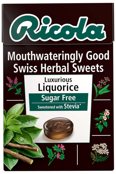 Ricola Swiss Herbal Sweets Sugar-Free Liquorice (45g) by Ricola offers delicious throat comfort. The packaging features herbs, a liquorice candy, and decorative herbal illustrations.