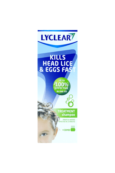 The image shows the packaging for Lyclear Treatment Shampoo (200ml), a lice treatment promising to eliminate lice and eggs in 15 minutes. The box features a childs head, includes a comb, and highlights its Osmolone complex formula for effective results.