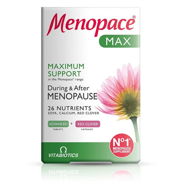 Vitabiotics Menopace Max Dual Pack (56 Tablets-28 Capsules) by Vitabiotics offers maximum menopause support with isoflavones and 26 nutrients, featuring a pink flower design and green “maximum support” text on the pack.