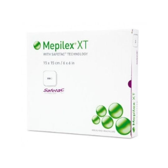 Box of Mepilex XT Dressing by Molnlycke, sized 10cm x 11cm, ideal for exudate management with Safetac technology. The box is mainly white with green branding and circular designs, containing 5 dressings.