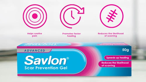 A box of Savlon Advanced Scar Prevention Gel (50g) is shown, with icons and text above highlighting benefits: soothes pain, speeds up healing, and helps prevent scars.