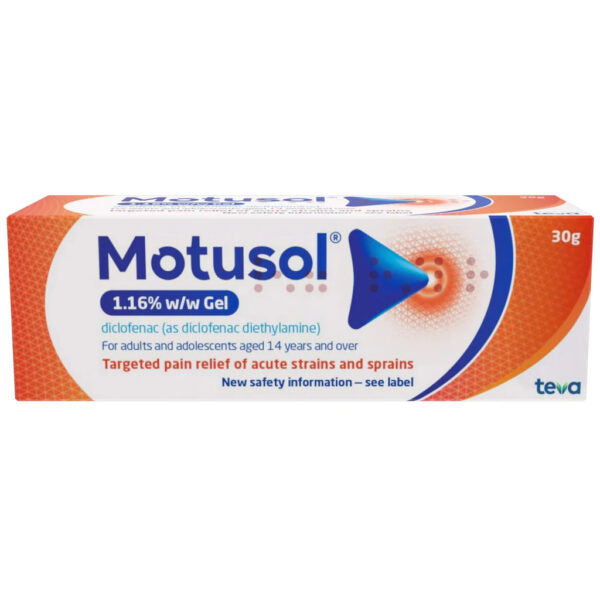 A 30g box of Motusol 1% Diclofenac Gel, by Teva, offers targeted pain relief for acute strains and sprains. Suitable for adults and teens aged 14+, this anti-inflammatory product comes in an orange and white box.