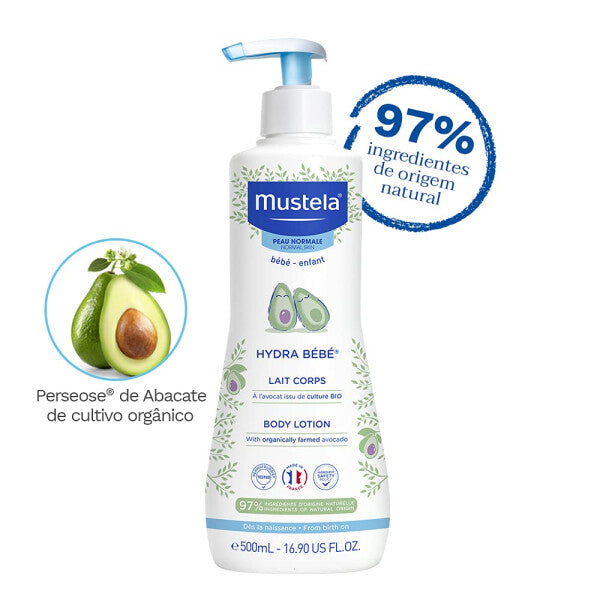 A white bottle of Mustela Body Lotion (300ml) with a blue pump shows avocado imagery and highlights long-lasting moisture for baby’s dry skin, 97% natural ingredients, and an avocado illustration on the left.