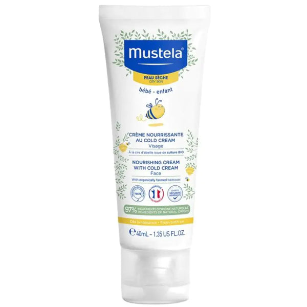 A white 40ml tube of Mustela Nourishing Cream, featuring blue and yellow accents, provides long-lasting moisture for babies’ and children’s dry skin and contains organically farmed beeswax.
