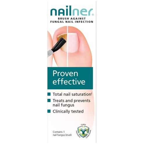 The Nailner Fungal Nail Infection Brush (5ml) by Nailner treats and prevents nail fungus. The box shows a brush applying liquid to a toenail and highlights total nail saturation and clinically tested benefits.