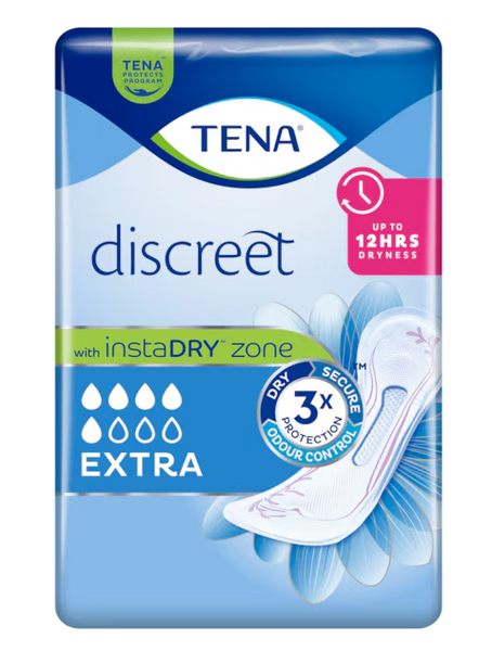 Tena Discreet Pads Extra (10 Pack) offer up to 12 hours of dryness, InstaDRY zone, odour control, and 3x protection for incontinence. The blue and white pack features the Tena Pads Extra image on the front.