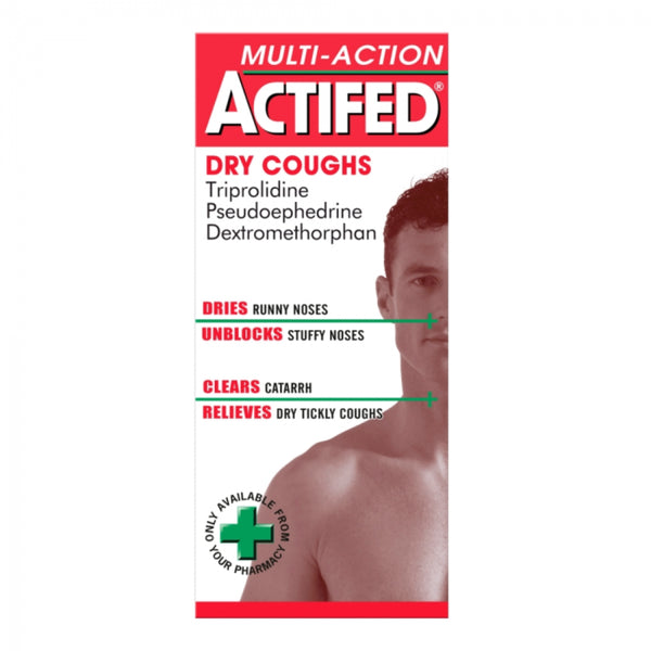 Actifed Multi-Action Dry Cough Syrup (100ml) by Actifed shown with active ingredients and symptoms treated, such as dry coughs and catarrh. Part of a mans face and torso is visible beside the text; green pharmacy cross at bottom left.