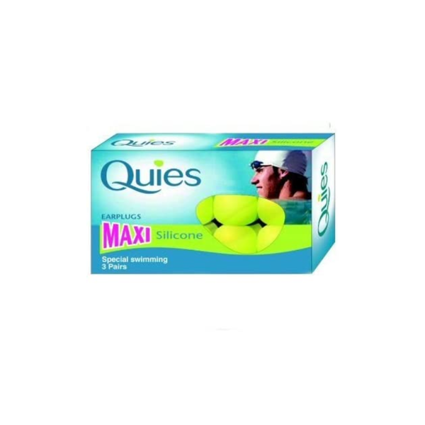 The Quies Clear Silicone (3 Pairs) by Quies are neon green, anatomically shaped earplugs providing waterproof protection for swimming. The packaging, featuring a swimmer image, includes three pairs designed for a snug fit.