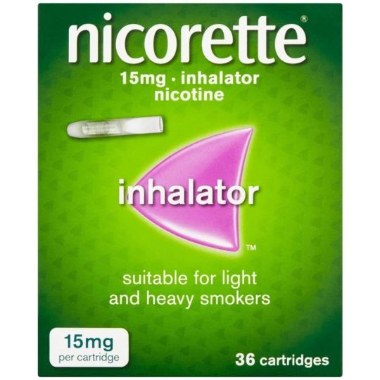 The Nicorette 15mg Inhalator Cartridges (36s), in green and pink packaging, display a cartridge image with text indicating Suitable for light and heavy smokers, 15mg per cartridge. This stop smoking aid provides effective nicotine replacement therapy.