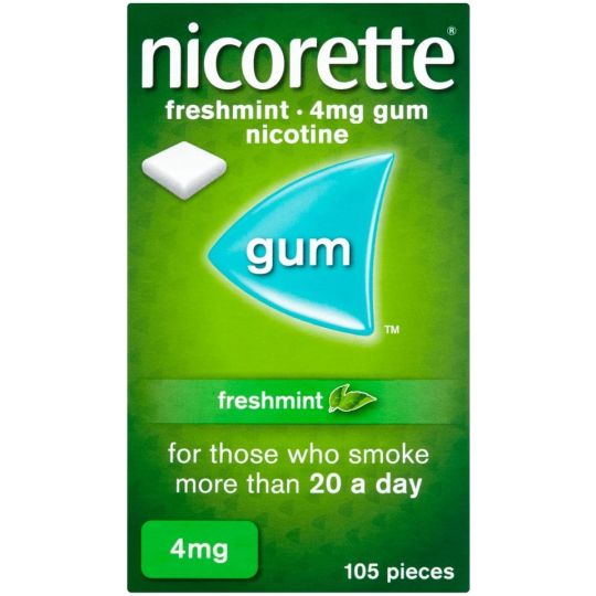 The Nicorette Freshmint 4mg Sugar Free Nicotine Gum (105s) packaging showcases a vivid green design with gum and leaf imagery, emphasizing freshmint - 4mg gum nicotine for those smoking over 20 a day. Ideal for quit-smoking journeys, it offers 105 pieces for effective nicotine replacement therapy.