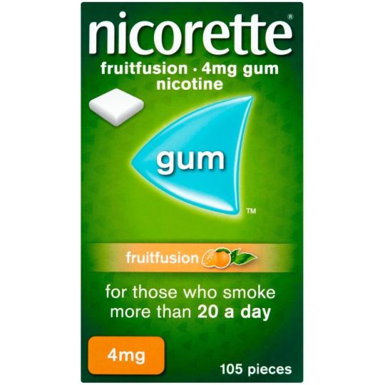 The image shows a green Nicorette Fruitfusion package labeled 4mg gum nicotine. A blue triangle marked gum and a white piece state: For those who smoke more than 20 a day. This sugar-free nicotine replacement therapy product contains 105 pieces.
