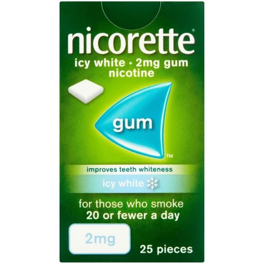 The Nicorette Icy White 2mg Sugar Free Gum package features a green box with a blue triangle labeled gum. It contains 105 pieces of nicotine gum that improve teeth whiteness for those smoking 20 or fewer cigarettes daily.