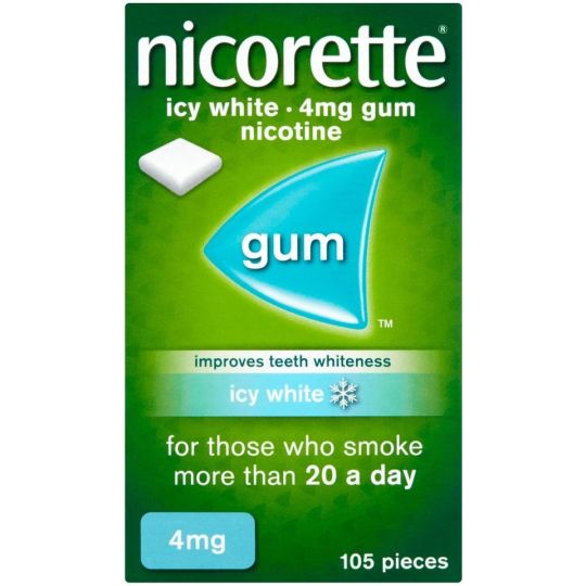 The image features a green rectangular box labeled Nicorette Icy White 4mg Sugar Free Gum (105s), designed to promote teeth whitening. Its ideal for those smoking over 20 cigarettes daily as part of nicotine replacement therapy, with a piece of gum showcased on top.