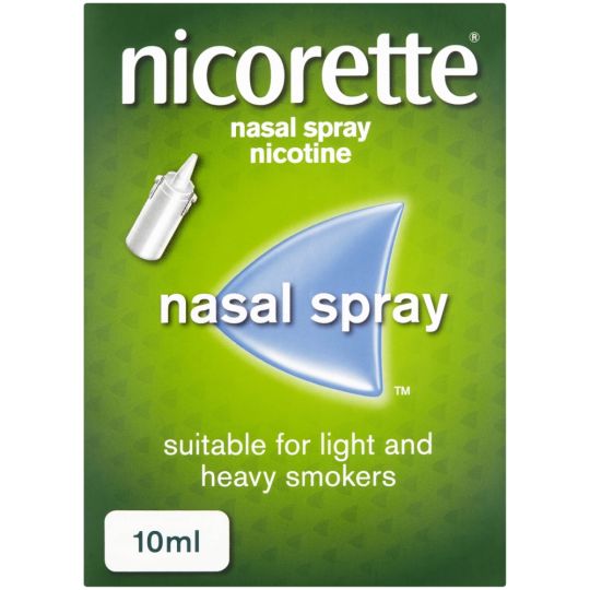 The Nicorette Nasal Spray (10ml) package is designed for smoking cessation, featuring a green box with the product name and an image of the spray. It effectively relieves nicotine cravings and suits both light and heavy smokers.