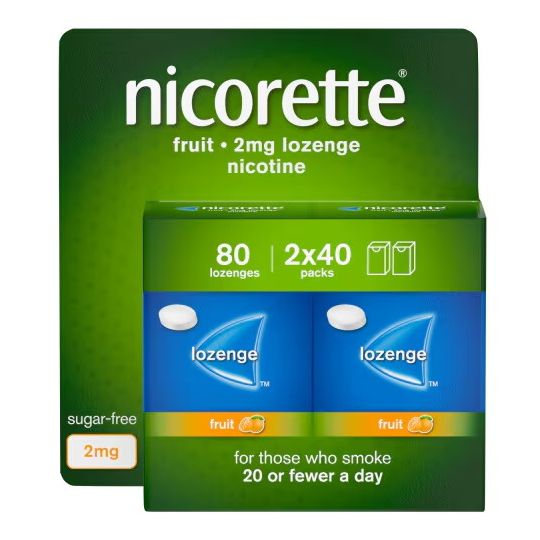 Image of two Nicorette Fruit 2mg Nicotine Lozenges boxes. The larger green sugar-free box contains 80 lozenges in two 40-pack containers, designed for smokers using 20 or fewer cigarettes daily as part of Nicotine Replacement Therapy.