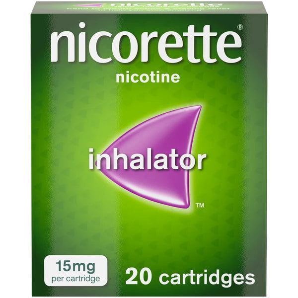 A green box of Nicorette Inhalator features a purple triangle design, highlighting 15mg per cartridge and 20 cartridges, offering effective nicotine replacement therapy to manage cigarette cravings.