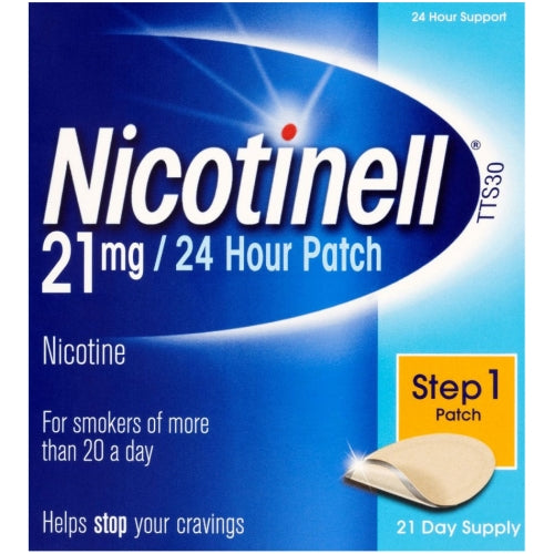 Image of Nicotinell 21mg Patches - 21 Days (Step 1) box for quitting smoking. Provides 24-hour support for those smoking over 20 cigarettes daily, featuring Step 1 Patch and 21 Day Supply, with a picture of one patch included.