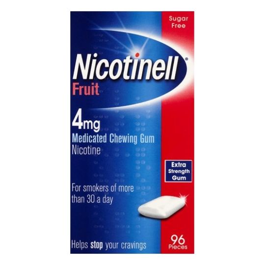 Nicotinell Fruit 4mg Medicated Chewing Gum (96s) provides extra strength relief for heavy smokers. Sugar-free and featuring a blue and red box, it offers effective Nicotine Replacement Therapy to help curb cravings.