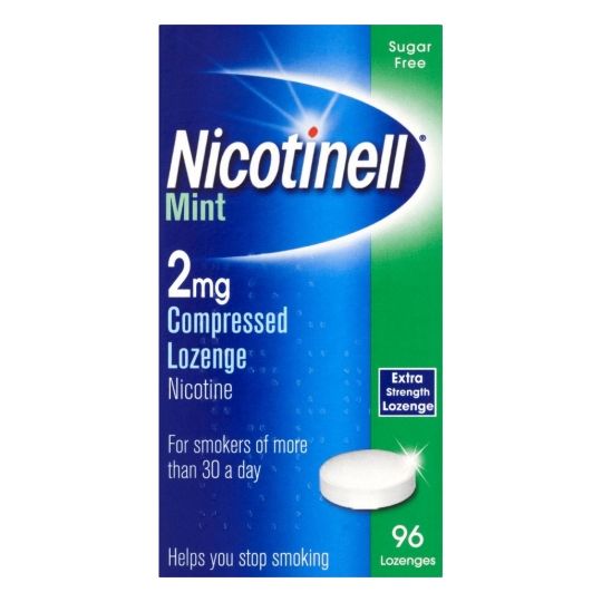 The product image showcases Nicotinell Mint 2mg Lozenges (96s), designed for nicotine withdrawal relief. Sugar-free and powerful, it aids smokers puffing over 30 a day in quitting their habit.