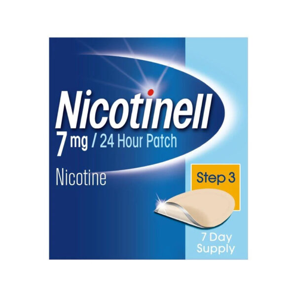 Nicotinell 24-Hour Patches 7mg - Step 3 (7 Patches) TTS10 packaging displays the Nicotinell brand, Step 3 for quitting smoking, and a beige patch image on a blue gradient background. Contains a 7-day supply.