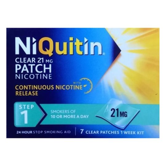 The blue box of NiQuitin CQ Clear 21mg Patches (Step 1) offers a 1-week kit with SmartControl Technology, featuring seven clear patches for continuous, 24-hour support. Ideal for those smoking 10 or more daily, these patches help you quit smoking effectively.