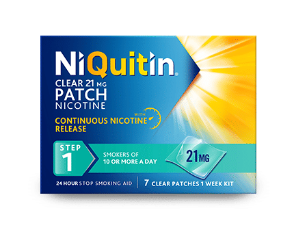 NiQuitin 21mg Patches Original Step 2 (Pack of 7) provide Continuous Nicotine Release for smokers of 10 or more a day. The yellow and blue package includes seven clear patches, offering a weeks supply for effective smoking cessation.
