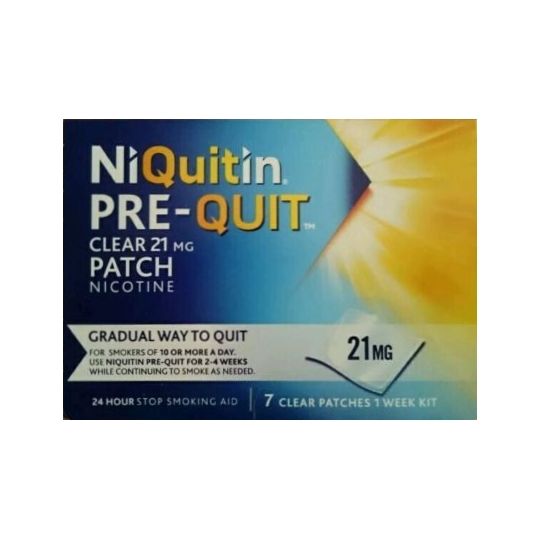 The NiQuitin Pre-Quit Clear 21mg Patches (7 Day) offer a step-down program to quit smoking, featuring seven clear patches in blue and yellow packaging highlighting their benefits.