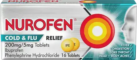 Nurofen Cold and Flu Relief Tablets (16) provide fast-acting relief with 200mg Ibuprofen and 5mg Phenylephrine Hydrochloride. Packaging indicates effectiveness for fever, congestion, sore throat, and aches, featuring icons and a tablet image.