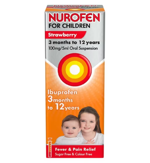 Nurofen For Children Strawberry Sugar Free and Colour Free (200ml) by Nurofen: ibuprofen oral suspension for ages 3 months to 12 years, relieves fever and pain. Features photos of two children and highlights childrens pain relief.