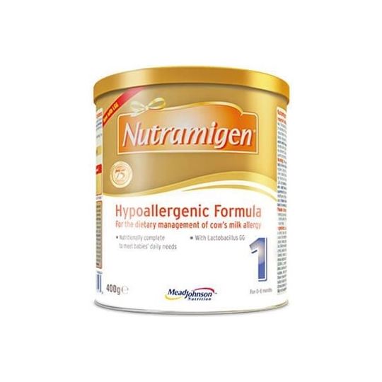 Nutramigen 1 Hypoallergenic Formula with LGG (400g) is designed for infants with cows milk allergy. It features hydrolyzed protein and Lactobacillus GG, approved from birth for specialized dietary management and nutrition.