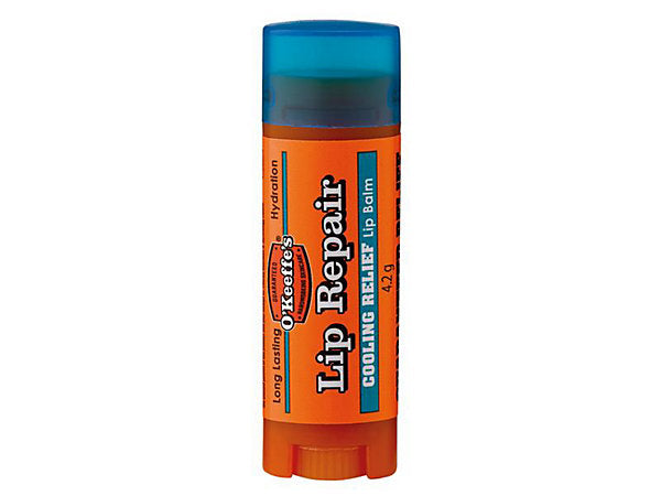 OKeeffes Lip Repair Cooling (4g) provides cooling relief for dry, cracked lips and features signature OKeeffes packaging with an orange tube, blue cap, and white-blue label text.