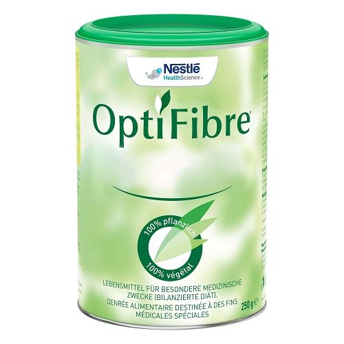 The 250g Nestle Optifibre features a green leaf on its green and white container, highlighting its 100% plant-based dietary fiber. Made with partially hydrolyzed guar gum, it supports normal bowel function. Labels are in German and French.
