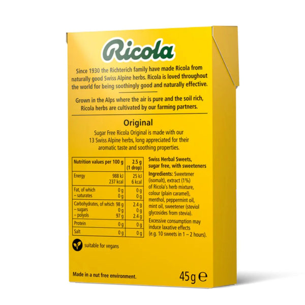 Back view of a Ricola Swiss Herbal Sweets Sugar-Free Original (45g) box shows product details, nutritional info, ingredients, weight, and vegan suitability. Highlights: made with Swiss Alpine herbs for throat comfort. Brand: Ricola.