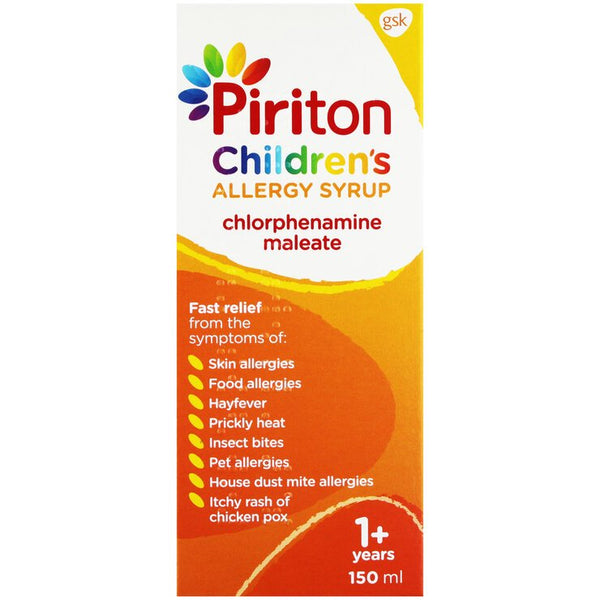 Piriton Childrens Syrup (150ml) offers fast allergy relief for symptoms like hayfever and skin irritation. Containing chlorphenamine maleate, it is suitable for children aged 1 year and older. The packaging has a vibrant red base.