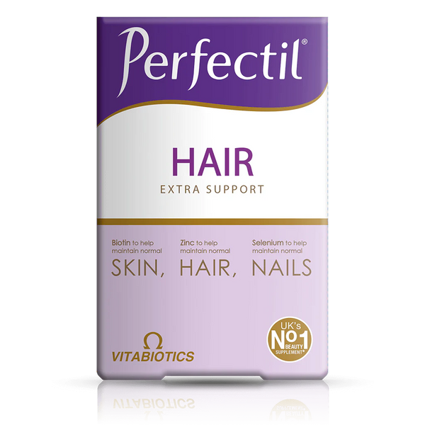 A box of Vitabiotics Perfectil Hair (60 Tablets) features purple and white packaging highlighting hair support, with a gold badge stating its the UK’s No.1 beauty supplement for skin, hair, and nails.