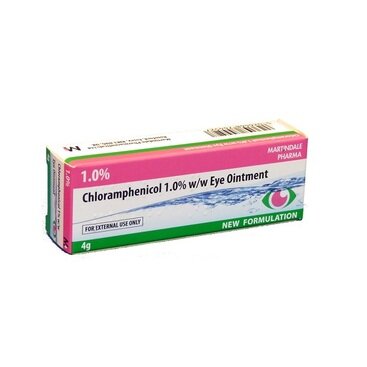 A 4g tube of Generic Chloramphenicol Eye Ointment 1% (Brand May Vary), labeled For external use only and New formulation, treats bacterial conjunctivitis; comes in green, pink, and white packaging.