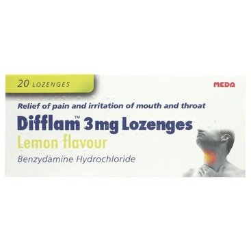 Difflam Lemon (20 Lozenges) by Difflam provides effective sore throat pain and irritation relief. Image features a person highlighting the throat area.