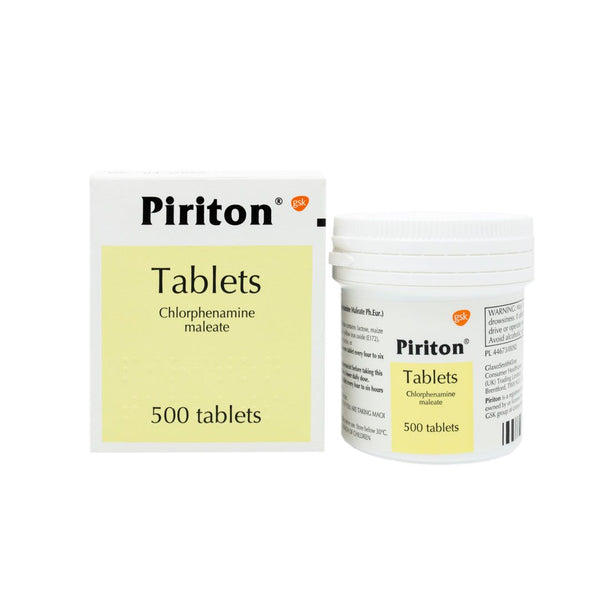 A box and a plastic container of Piriton Chlorphenamine 4mg Tablets (500) display Chlorphenamine maleate, 500 tablets for allergy relief. The box is on the left, and the container with its visible label is on the right.