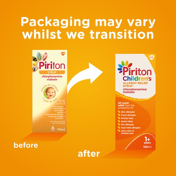 Comparing Piriton Childrens Syrup (150ml) packaging: the old design shows a baby image, while the new highlights childrens allergy relief for ages 1+, with a focus on hayfever management. Both feature an orange background and text about packaging transition.