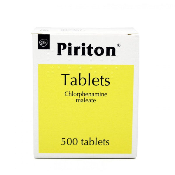 A white box labeled Piriton Chlorphenamine 4mg Tablets (500) includes Tablets Chlorphenamine Maleate on a yellow label with a small logo in the top left corner. Offering effective allergy relief, this antihistamine medication ensures dependable comfort.